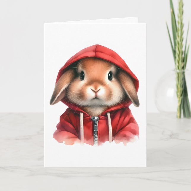 Akvarell Konstverk Brun Kanin i en Röd Hoodie  Kort (Framsida)