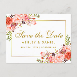 Akvarell Korall Blommig Guld Save the Date Meddelande Vykort