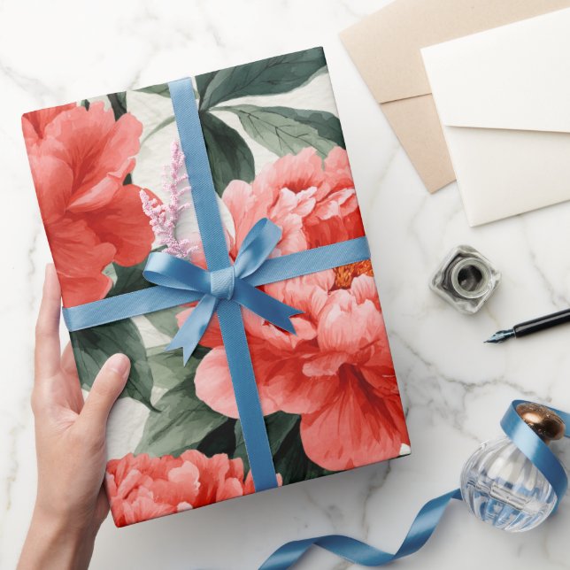 Akvarell Korall Peony Kräm Blommönster Presentpapper (Gifting)