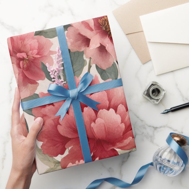 Akvarell Korall Peony Kräm Blommönster Presentpapper (Gifting)