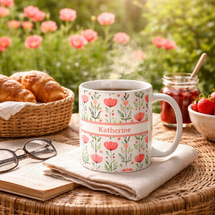 Akvarell Korall Rosa Vallmo Blommig Kaffemugg