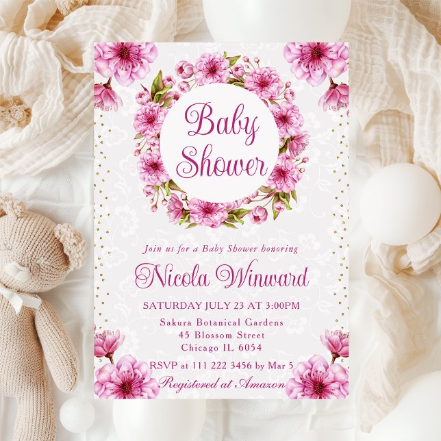 Akvarell Körsbärsblom Krans Bebisens Första Dag Fi Inbjudningar (Skapare uppladdad)