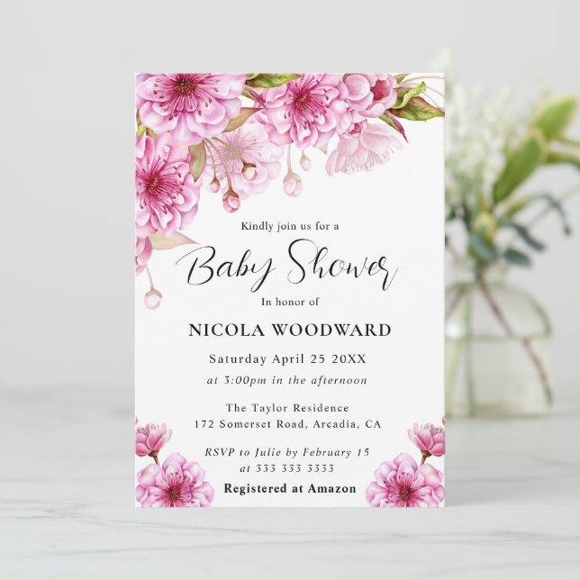 Akvarell Körsbärsblomgren Baby Shower  Inbjudningar (Stående Fram)
