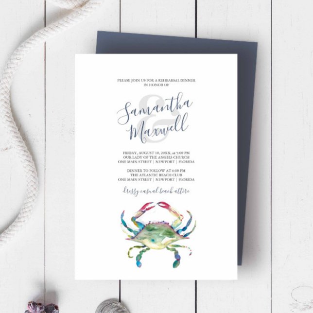 Akvarell Krabba Rehearsal Middagsinbjudan (Rehearsal dinner invitation beach wedding watercolor blue crab art by Victoria Grigaliunas.)