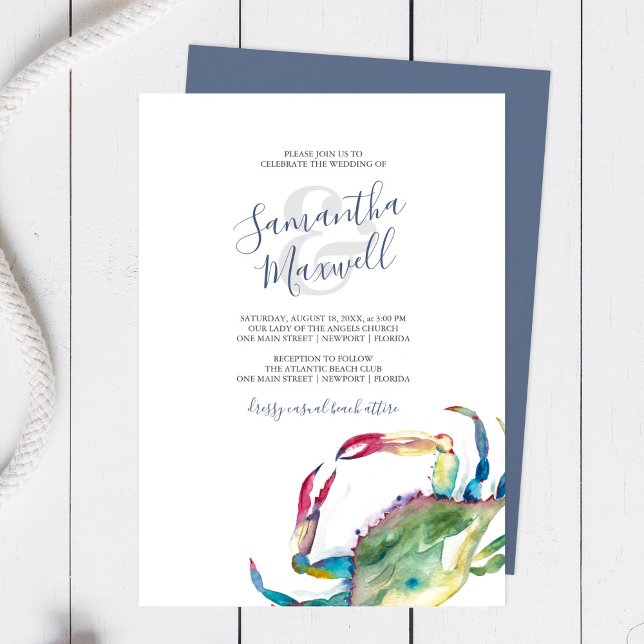 Akvarell Krabba Strand Bröllopspapperi (Beach wedding invitations watercolor blue crab art by Victoria Grigaliunas of Do Tell A Belle)