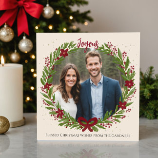 Akvarell Krans Chic Grön Röd Slinga Modern Foto Julkort