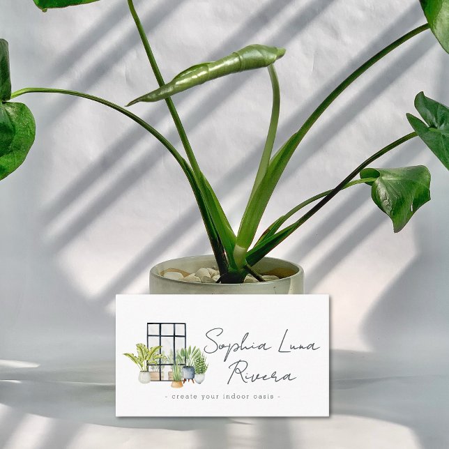 Akvarell Krukväxter Plantskola Script Visitkort (Watercolor Potted Houseplants Nursery Script Business Card)