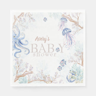 Akvarell Kust Havsliv Baby Shower Pappersservett