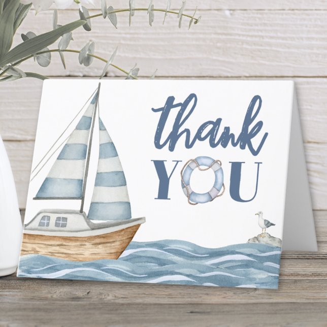 Akvarell Kust Sjöfart Hav Tack Kort (Watercolor Coastal Nautical Ocean Thank You Card)
