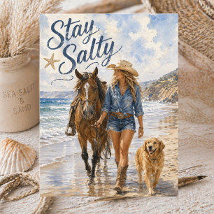 Akvarell Kustcowgirl Håll dig salt Sommar Strand Vykort