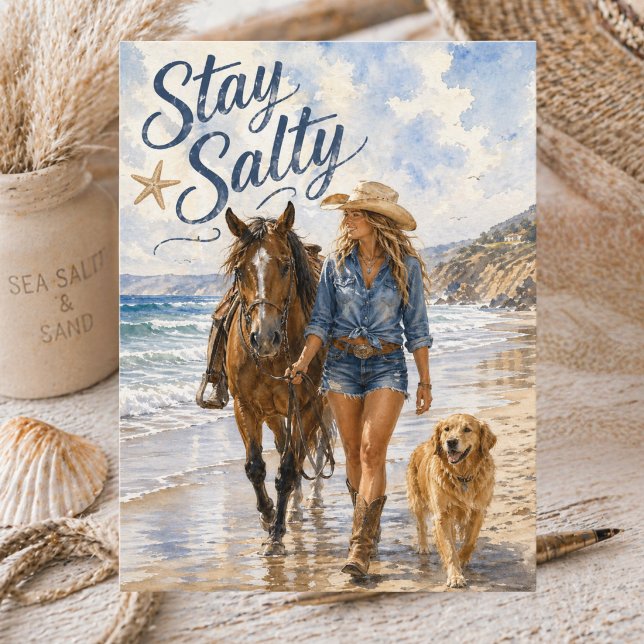 Akvarell Kustcowgirl Håll dig salt Sommar Strand Vykort (Skapare uppladdad)