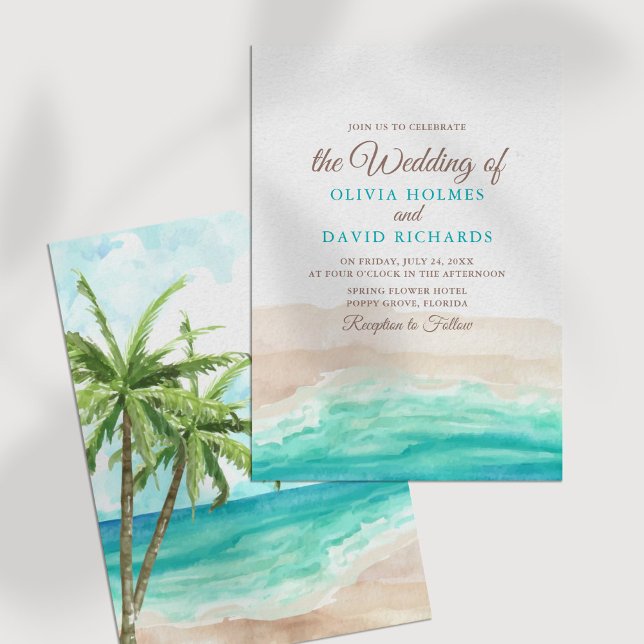Akvarell Kusthav Strand Bröllopsinbjudan Inbjudningar (Watercolor Coastal Ocean Beach Wedding Invitation on a white table.)