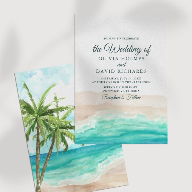 Akvarell Kusthav Strand Bröllopsinbjudan Inbjudningar (Watercolor Coastal Ocean Beach Wedding Invitation on a white table.)