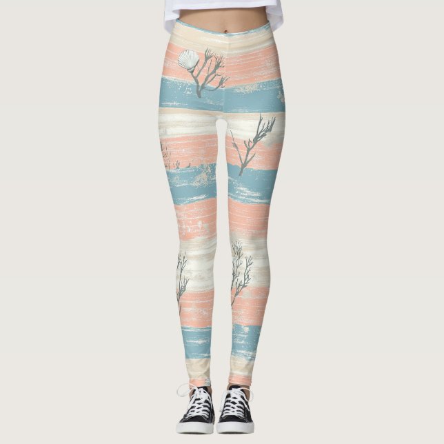 Akvarell kustkorall & snäckvågor (4) leggings (Framsida)