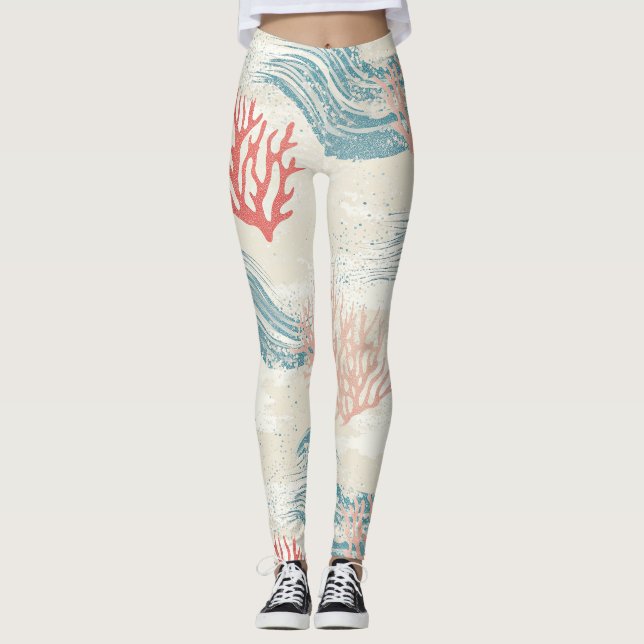 Akvarell kustkorall & snäckvågor (6) leggings (Framsida)