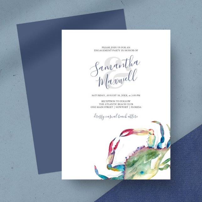 Akvarell Kustkrabba Förlovningsfest (Engagement party invitations watercolor crab art by Victoria Grigaliunas)