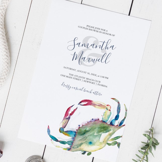 Akvarell Kustkräfta Par Dusch (Couples shower invitations blue and green watercolor crab printable or printed )