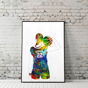 Akvarell Kvinna Basketspelare Poster