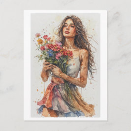 Akvarell Kvinna som bär blommor på en Helg Vykort