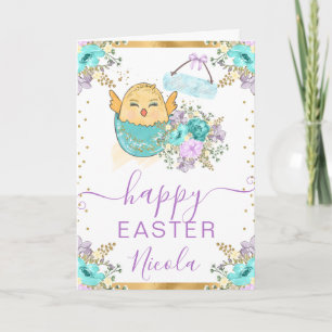 Akvarell Kyckling och Blommor Glad Påsk Kort