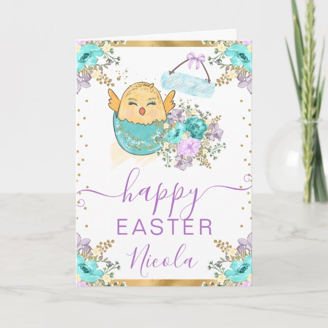 Akvarell Kyckling och Blommor Glad Påsk Kort (Framsida)