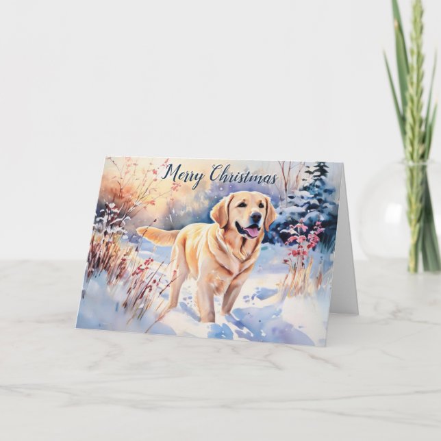 Akvarell Labradorhund I Snö God Jul Kort (Framsida)