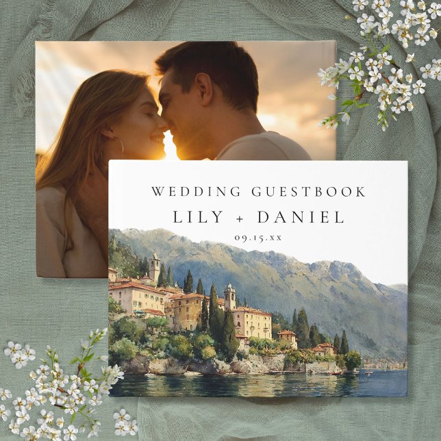 Akvarell Lake Como Italien Bröllopsfoto Gästböcker (Watercolor Lake Como Italy Wedding Photo Guest Book)