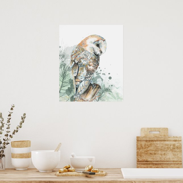 Akvarell Lammuggla Fågel Vilda Djur Natur Konst Poster (Kök)