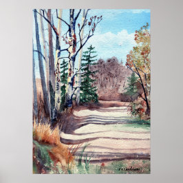 akvarell landskap i höstfärger promenad i skogen poster