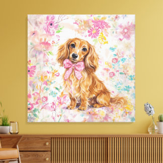 Akvarell Långhårig Dachshund Pastell Blommig Canvastryck