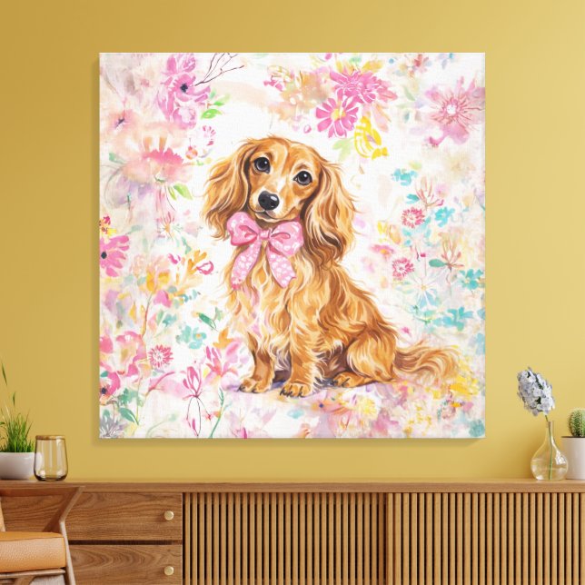Akvarell Långhårig Dachshund Pastell Blommig Canvastryck (Insitu (Vardagsrum))