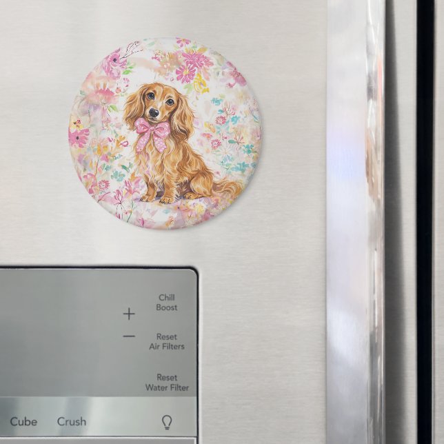 Akvarell Långhårig Dachshund Pastell Blommor Magnet (In Situ (Fridge))