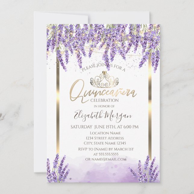 Akvarell Lavanda, Strängljus Quinceanera Inbjudningar (Framsida)