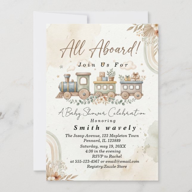 Akvarell leksakståg Boho baby shower  Inbjudningar (Framsida)