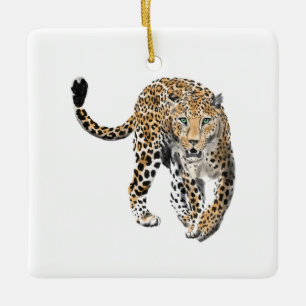 akvarell leopard djungel katt målad djur grön julgransprydnad keramik