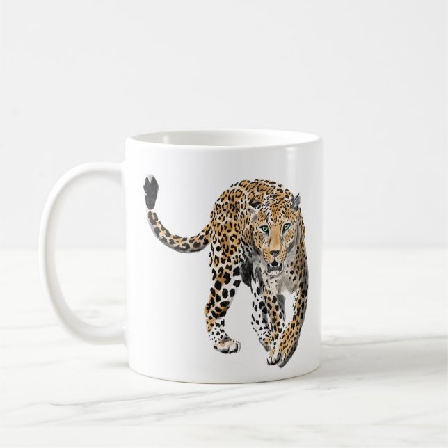 akvarell leopard djungel katt målad djur grön kaffemugg (Vänster)