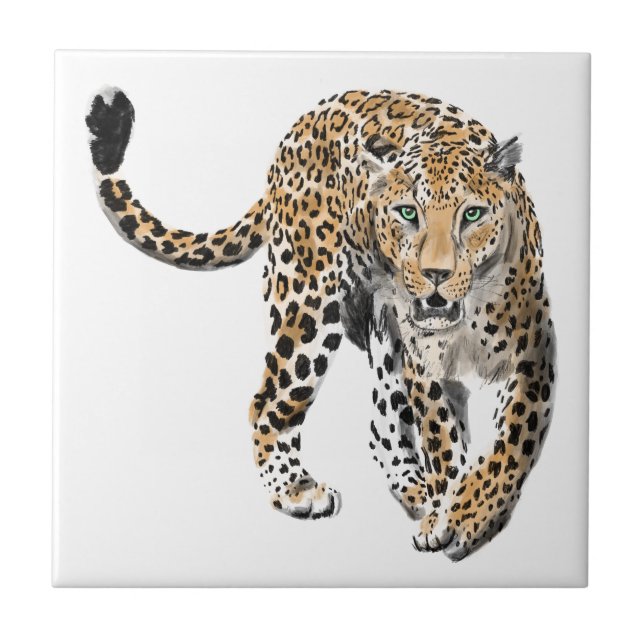 akvarell leopard djungel katt målad djur grön kakelplatta (Framsidan)