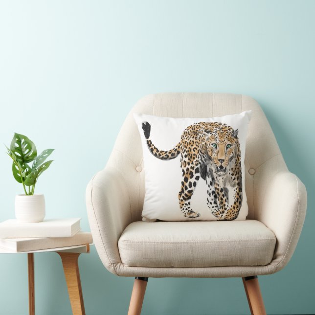 akvarell leopard djungel katt målad djur grön kudde (Stol)
