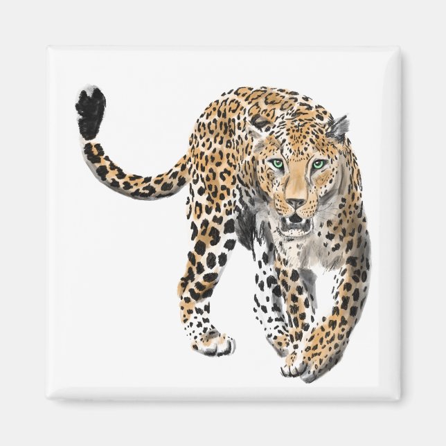 akvarell leopard djungel katt målad djur grön magnet (Framsidan)