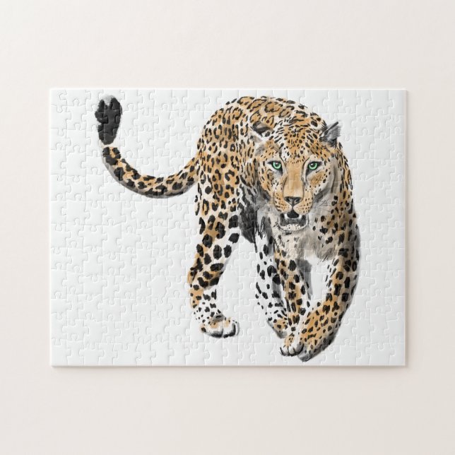 akvarell leopard djungel katt målad djur grön pussel (Horisontell)