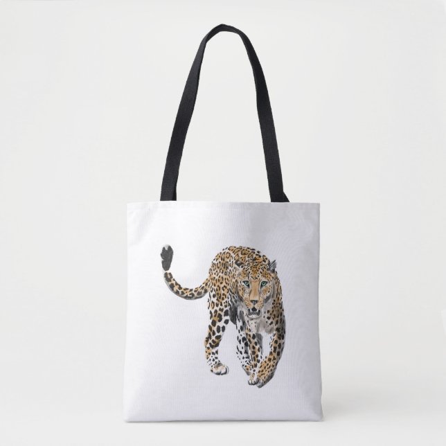 akvarell leopard djungel katt målad djur grön tygkasse (Framsida)