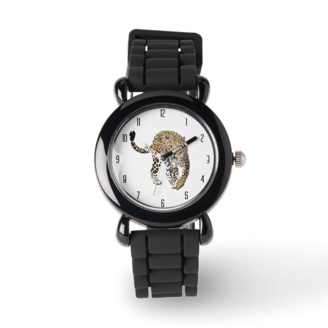 akvarell leopard djungelkatt målad djur grön armbandsur (Framsida)