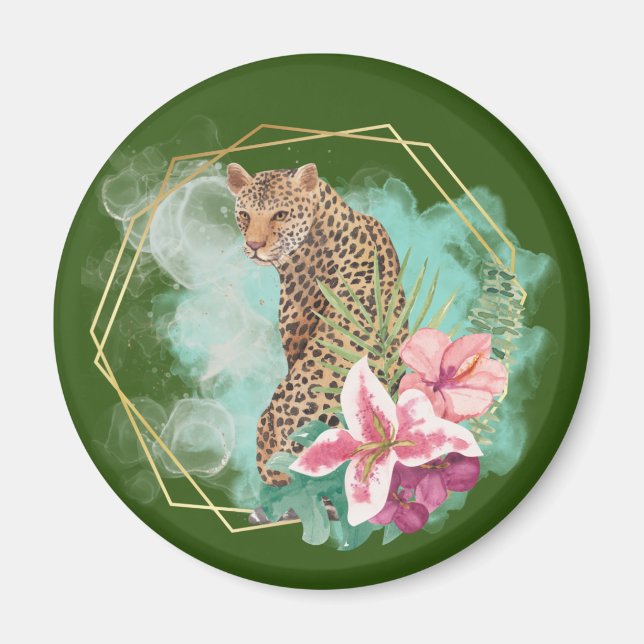 Akvarell Leopard och Tropisk Ram   Magnet (Framsidan)