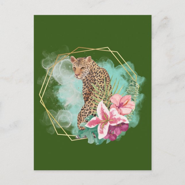 Akvarell Leopard och tropisk ram  Vykort (Framsida)
