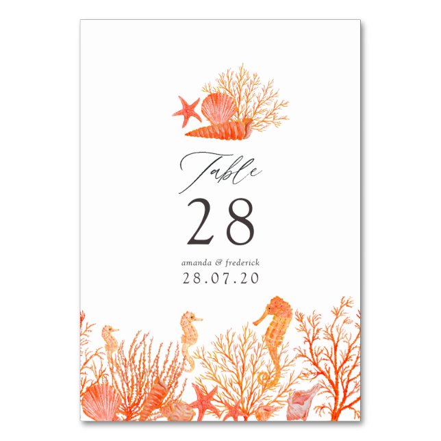 Akvarell Levande Korall Strand Bröllop Bordsnummer (Framsidan)