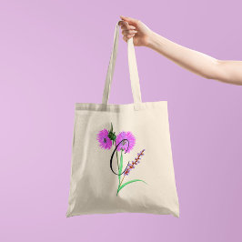 Akvarell lila blomma med din initial 1 sida tygkasse