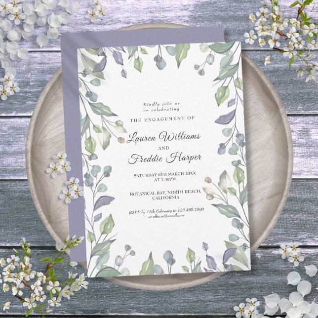 Akvarell Lila Blommig Grönska Förlovning Inbjudningar (Watercolor Lilac Floral Greenery Engagement Invitation)