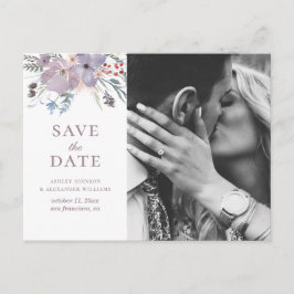 Akvarell lila blommor. Blomstermotiv Save the Date Vykort