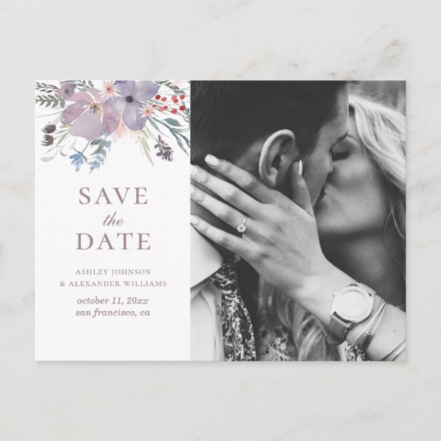 Akvarell lila blommor. Blomstermotiv Save the Date Vykort (Framsida)