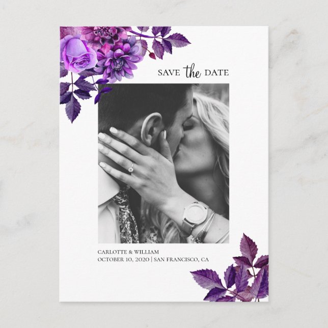 Akvarell lila blommor. Blomstermotiv Save the Date Vykort (Framsida)